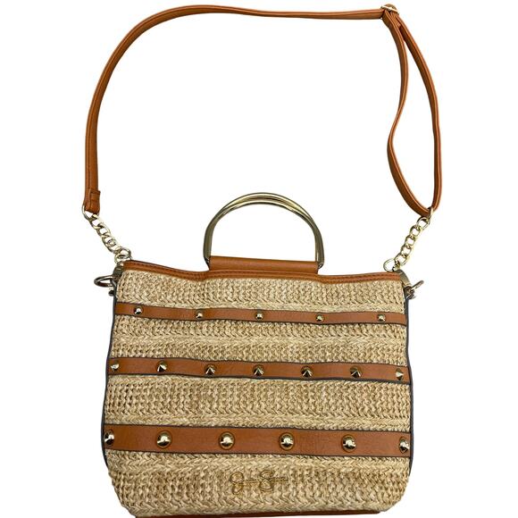 Jessica Simpson Tan Straw Brown Leather Summer Top Handle Crossbody Bag Purse - Picture 1 of 16